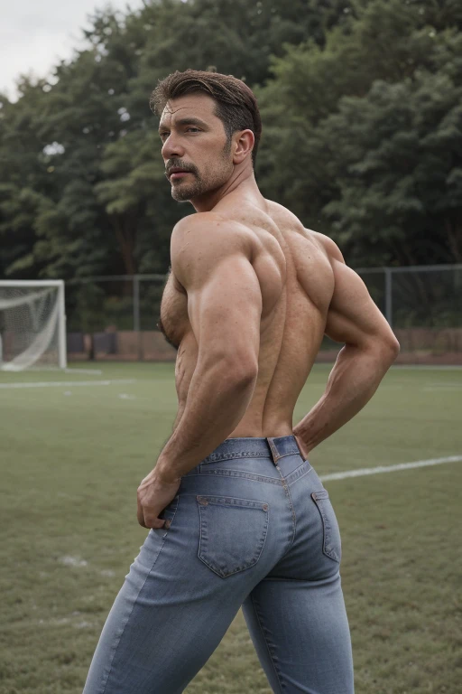 (((Muscular man))) masterpiece, best quality, high resolution, closeup portrait, male focus, solo focus, A man, 50 years old, grey hair, soccer player, football player, grey silver hair, messy hairstyle, cute and seductive face, bare chest, body hair, facial hair, roman nose, , hairy legs, cute, dimples, goatee and mustache, bold jawline , full body, sweaty, in the background an outdoor soccer football field, amazing composition, , HDR, ultra quality, elegant, highly detailed,, beautiful asd, realisric male genitalia (((Big muscles))) (((blue jeans))) backside