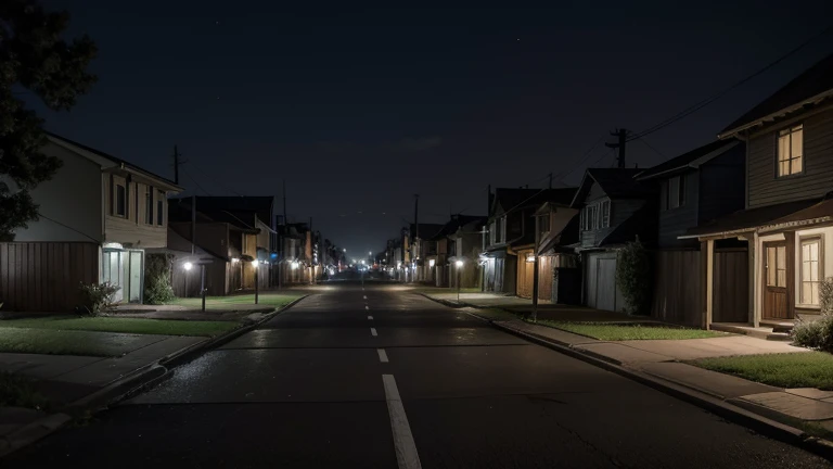 Wide shot of a neighborhood on a dark, windy night, with old houses and deserted streets.