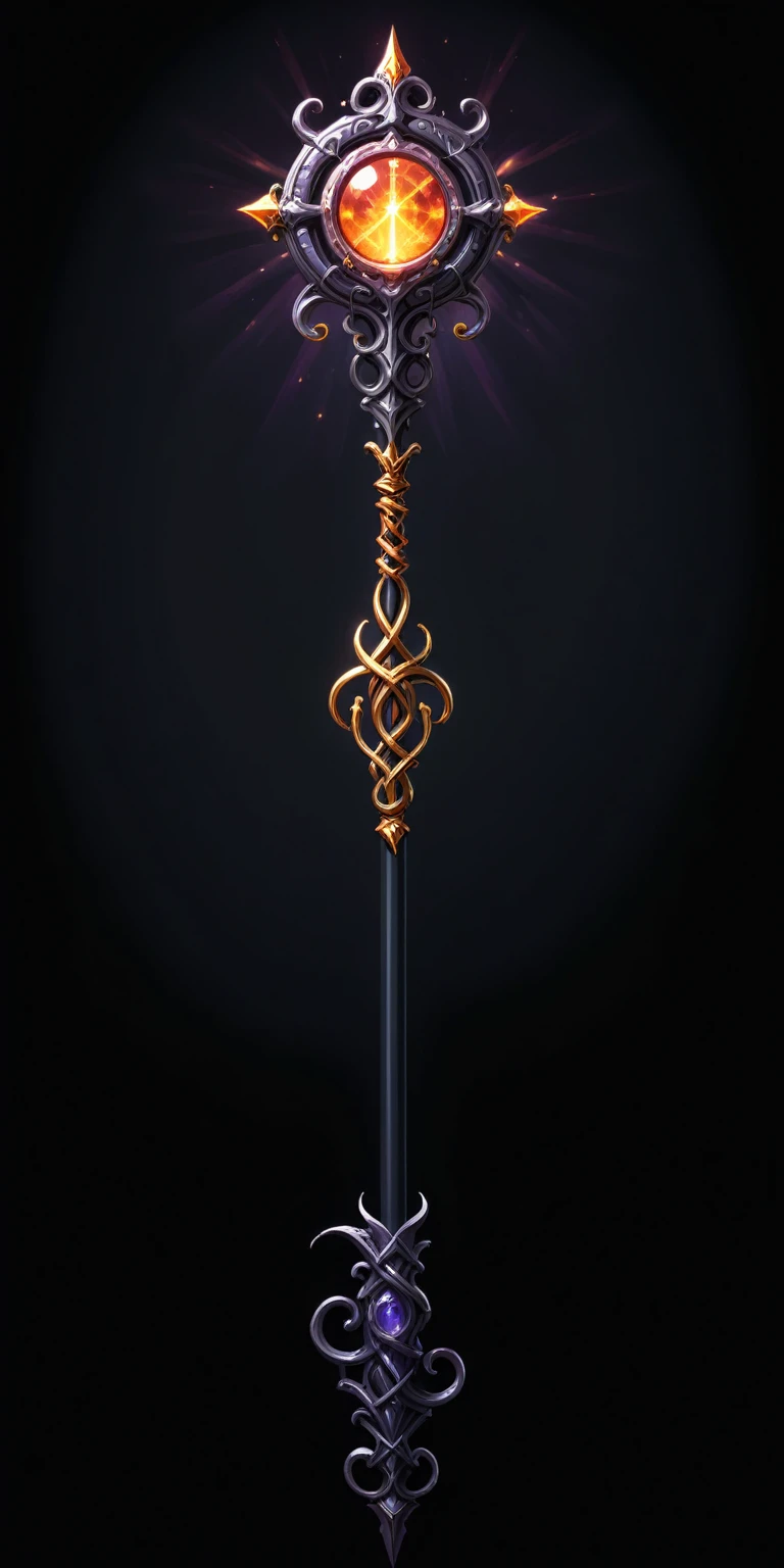 pixel art, cartoon illustration, Divine glavie greatstaff, Powerfull Magical theme, simple black background, RPG game icon