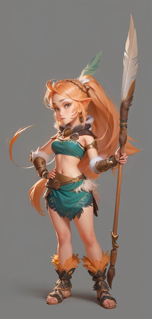Close-up shot of cartoon girl in feather costume，Happy forest hunter lady looking at the viewer, Lady holding a long stone spear，Exquisite facial features，Big eyes, white long hair lady， realistic character concept, Whole body concept, April Rendering, detailed Whole body concept, Female characters, Ultra-detailed fantasy characters, detailed Whole body concept art, Full body portrait, tribal girl, Character posing in concept art, unrealistic character concept, Full body portrait, 3D Game Style