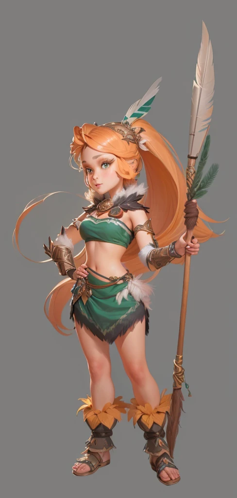 Close-up shot of cartoon girl in feather costume,Happy forest hunter lady looking at the viewer, Lady holding a long stone spear,Exquisite facial features,Big eyes, white long hair lady, realistic character concept, Whole body concept, April Rendering, detailed Whole body concept, Female characters, Ultra-detailed fantasy characters, detailed Whole body concept art, Full body portrait, tribal girl, Character posing in concept art, unrealistic character concept, Full body portrait, 3D Game Style