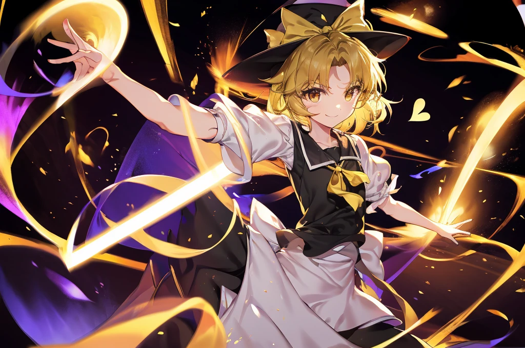 1girl, , , masterpiece, best quality, 10 years old, medium blonde hair, forehead visible bags, yellow eyes, hat, heart, black headwear, puffy short sleeves, log black skirt, heart hads,,1girl, solo, yellow eyes, yellow hair, bow, hat bow, socks, black footwear, black skirt, short sleeves, yuki (touhou), black vest, white sleeves, frill skirt, light smile