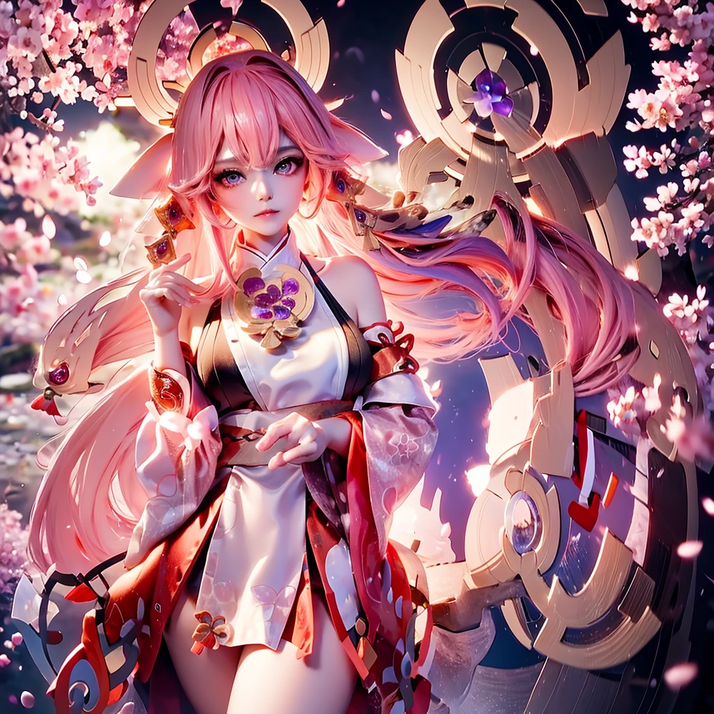 "((fantasy art)) featuring an alien girl, immersed in a heavenly symphony, clouds turn into bright splashes, flowers are scattered, like notes in the wind, visual orchestration of color and wonder"masterpiece, a high resolution, Best quality, 1 girl solo, , sitting, above a huge sakura tree