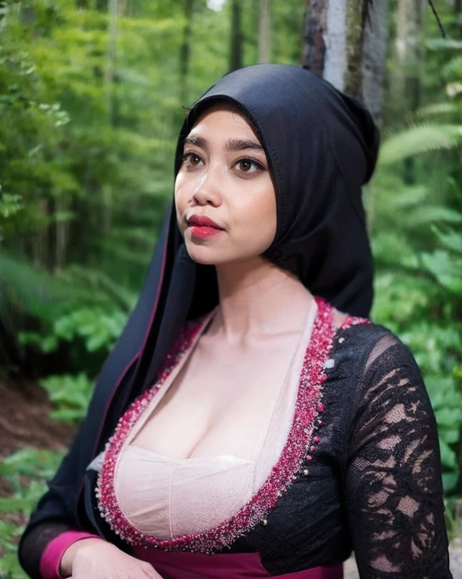 Create a photorealistic masterpiece of a beautiful woman with long hair wearing traditional Indonesian kebaya attire. Set her against a dark, forest backdrop with a captivating glow in the background and bokeh effect. Ensure the image quality is 8K with ultra-realistic details.,kebaya,kebaya indonesia,bare breast