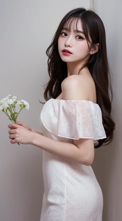 One girl,flower, Lisianthus ,A dreamy, romantic piece, Pale pink,Fantasy, White off-the-shoulder dress,Pink Long Hair,Brush strokes, Negative Space,Fantasy