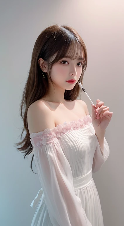 One girl,flower, Lisianthus ,A dreamy, romantic piece, Pale pink,Fantasy, White off-the-shoulder dress,Pink Long Hair,Brush strokes, Negative Space,Fantasy