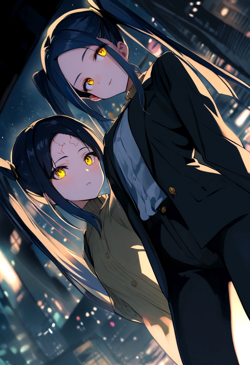 (One very tall, good looking woman,Navy Blue Hair,Her hairstyle is twin tails that expose her forehead., yellow eyes,Medium chest,Dynamic Angle Tall)Thick Black１Color ,Black trousers,Downtown Shibuya at night