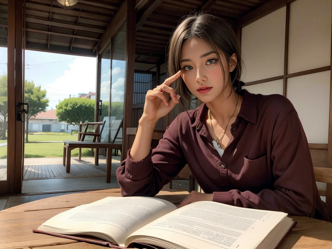 sitting with a book Beckoning with his finger