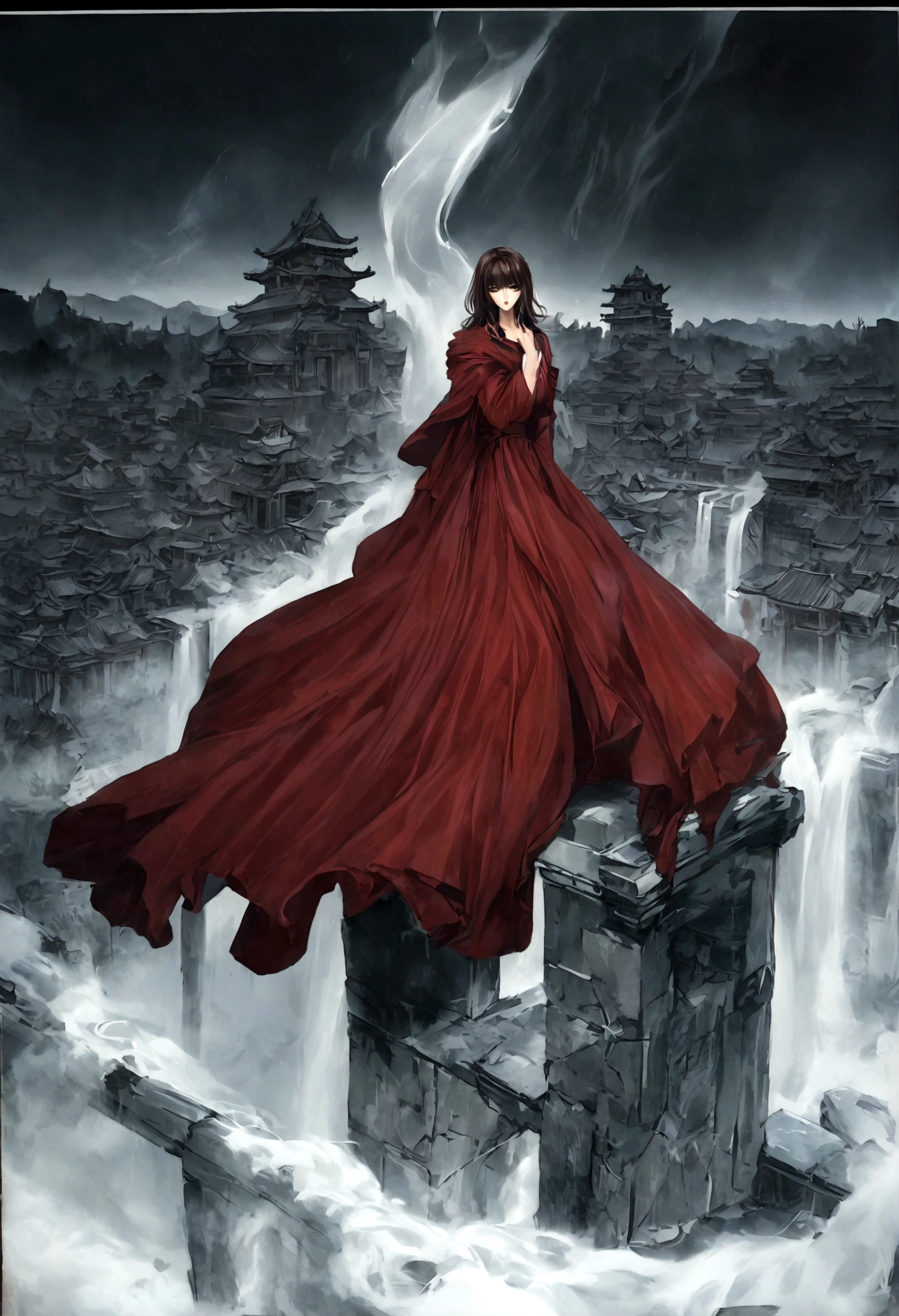 Beautiful girl in red robe, Chinese underground temple, Complex and detailed architecture, floating in the air, weird lights, Spacious and gloomy atmosphere, (best quality,4k,8K,High resolution,masterpiece:1.2),Extremely detailed,(Practical,photoPractical,photo-Practical:1.37),Complex buildings, Gorgeous details, Dramatic Lighting, moody atmosphere, Stunning beauty, flowing red robe, Mysterious ruins, unforgettable existence