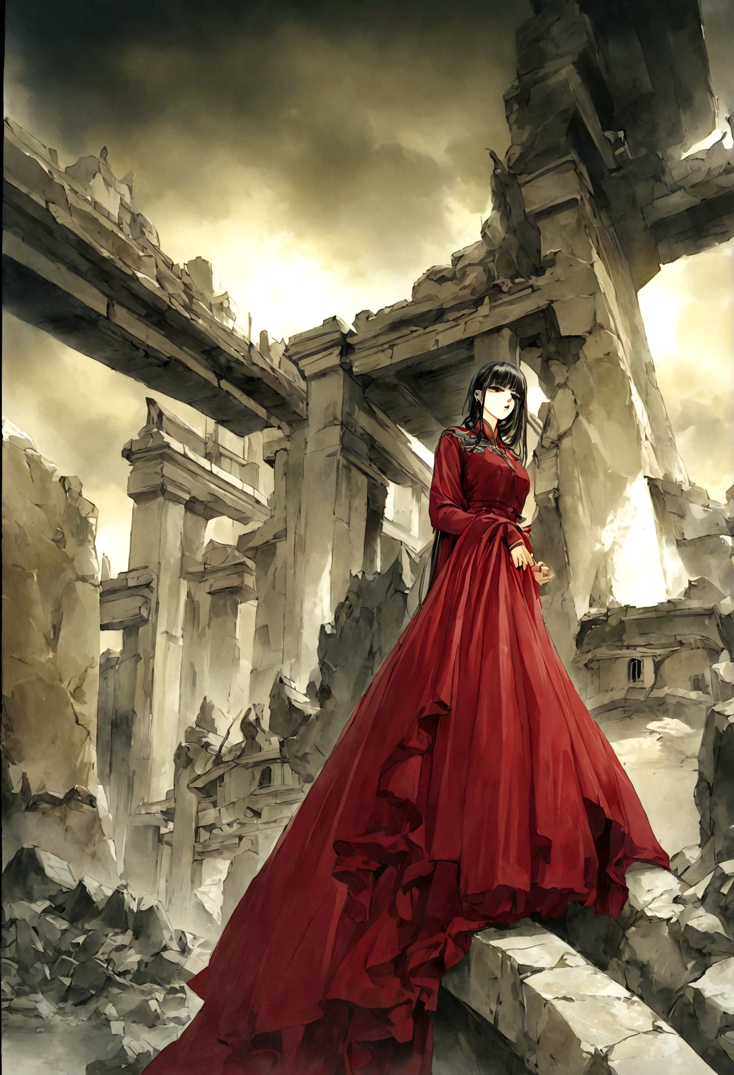 Beautiful girl in red robe, Chinese underground temple, Complex and detailed architecture, floating in the air, weird lights, Spacious and gloomy atmosphere, (best quality,4k,8K,High resolution,masterpiece:1.2),Extremely detailed,(Practical,photoPractical,photo-Practical:1.37),Complex buildings, Gorgeous details, Dramatic Lighting, moody atmosphere, Stunning beauty, flowing red robe, Mysterious ruins, unforgettable existence
