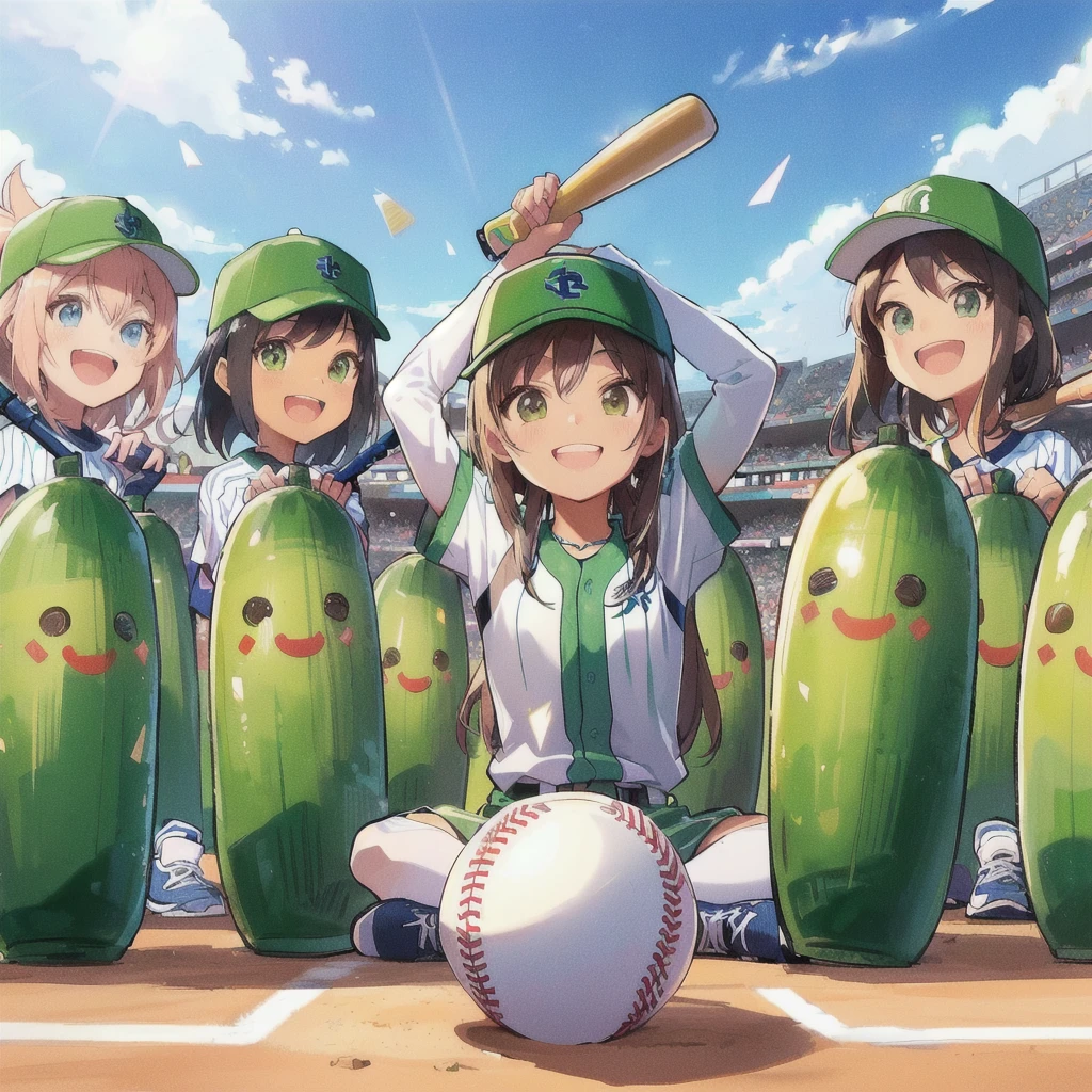 Cartoon baseball player with a pickle and a baseball bat, smile,Official Anime Artwork, high detailed Official Artwork, Today&#39;s featured anime is still, Official anime stills, popular on Pixiv, Illustration Anime, Official Fan Art, trending on Pixiv, Pixiv, Official Art, Official Artwork, the material is!!! watermelon!!!, Trending Anime Art, High quality fan art, Game Art!!