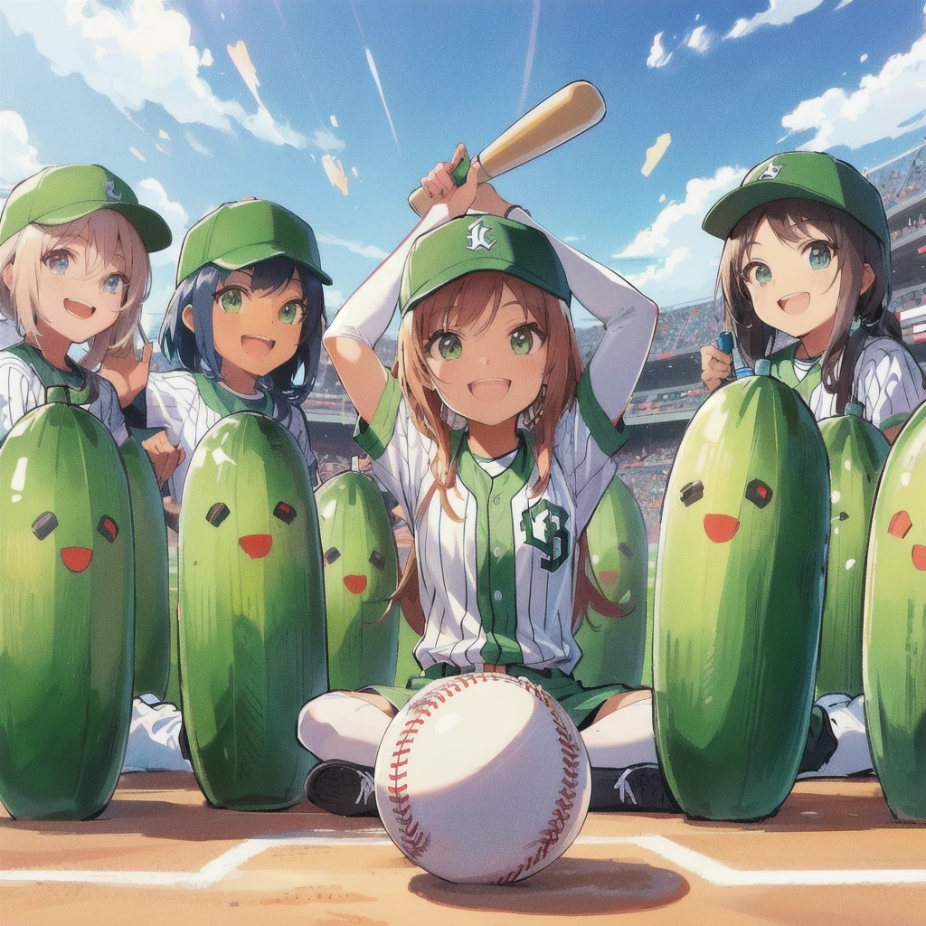 Cartoon baseball player with a pickle and a baseball bat, smile,Official Anime Artwork, high detailed Official Artwork, Today's featured anime is still, Official anime stills, popular on Pixiv, Illustration Anime, Official Fan Art, trending on Pixiv, Pixiv, Official Art, Official Artwork, the material is!!! watermelon!!!, Trending Anime Art, High quality fan art, Game Art!!