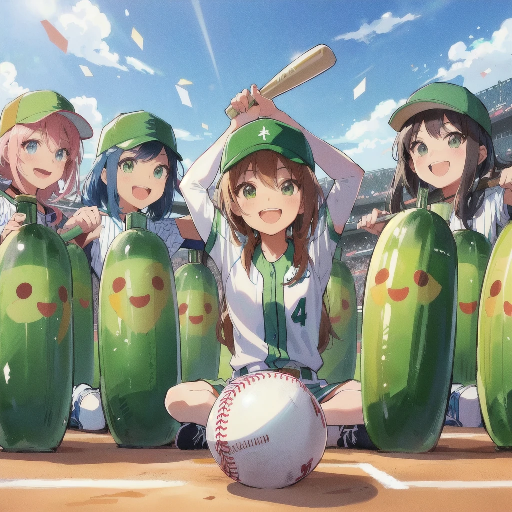 Cartoon baseball player with a pickle and a baseball bat, smile,Official Anime Artwork, high detailed Official Artwork, Today's featured anime is still, Official anime stills, popular on Pixiv, Illustration Anime, Official Fan Art, trending on Pixiv, Pixiv, Official Art, Official Artwork, the material is!!! watermelon!!!, Trending Anime Art, High quality fan art, Game Art!!