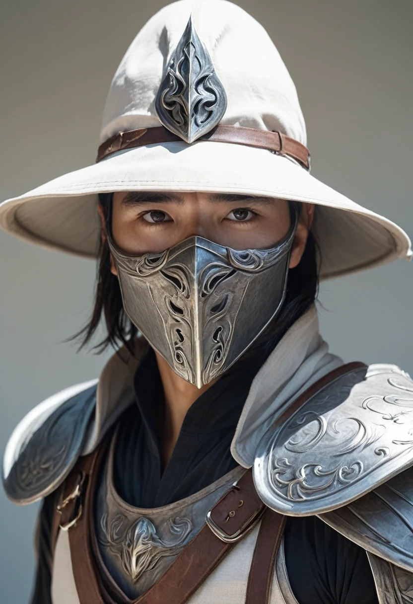 ((Cloth)), ((Armor))((Bone Mask)) (High Detail Skin: 1.2) Close-up of man with hat and mask, Infinity Blades concept art, Infinity Blades armor, shoulder armor, warrior concept art, mortal kombat characters, 8kuhd, dslr, soft light, high quality, film texture ((amateur photo)), white background