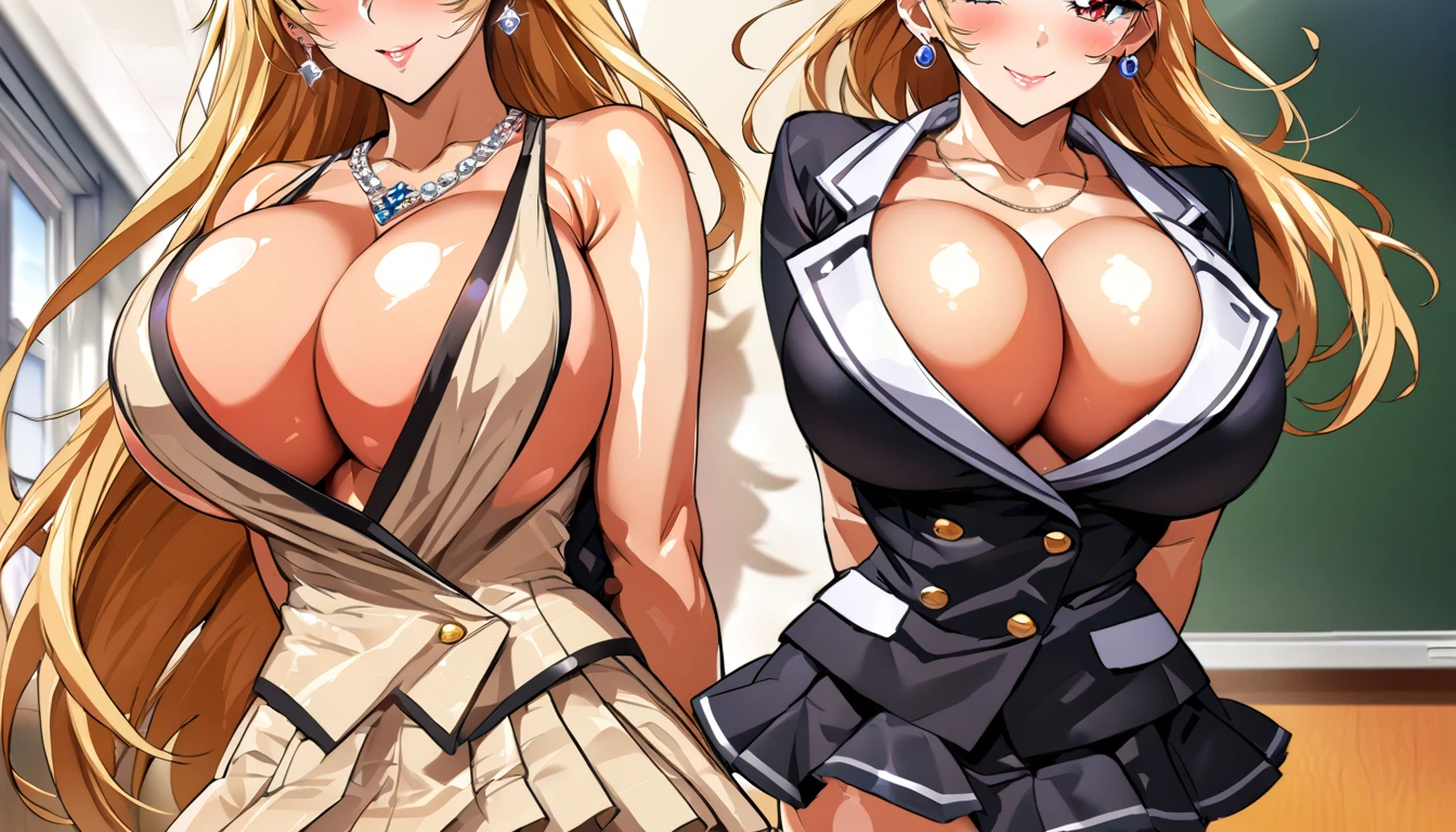 (masterpiece, highest quality:1.2),(Shiny skin:1.6), Upper Body, Detailed cloth texture, Detailed hair texture, One girl, alone, girl sexy pose, Long eyelashes, Lips parted, shining pink lips, Red eyes, (The body is slim:1.1), (Beautiful blonde long hair:1.2), (Huge breasts:1.3), Floating Hair, (bangs), (Blazer uniform, stockings, belt, Pleated mini skirt), (Cleavage), (necklace, Earrings), smile, Blushing, View your viewers, (Cowboy Shot:1.5), School classroom,Place your hands behind your back,arms behind back,glamorous pose,Hide your hands,Hairstyle is wavy
