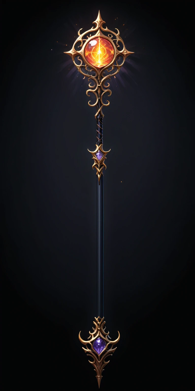 pixel art, cartoon illustration, Divine glavie greatstaff, Powerfull Magical theme, simple black background, RPG game icon