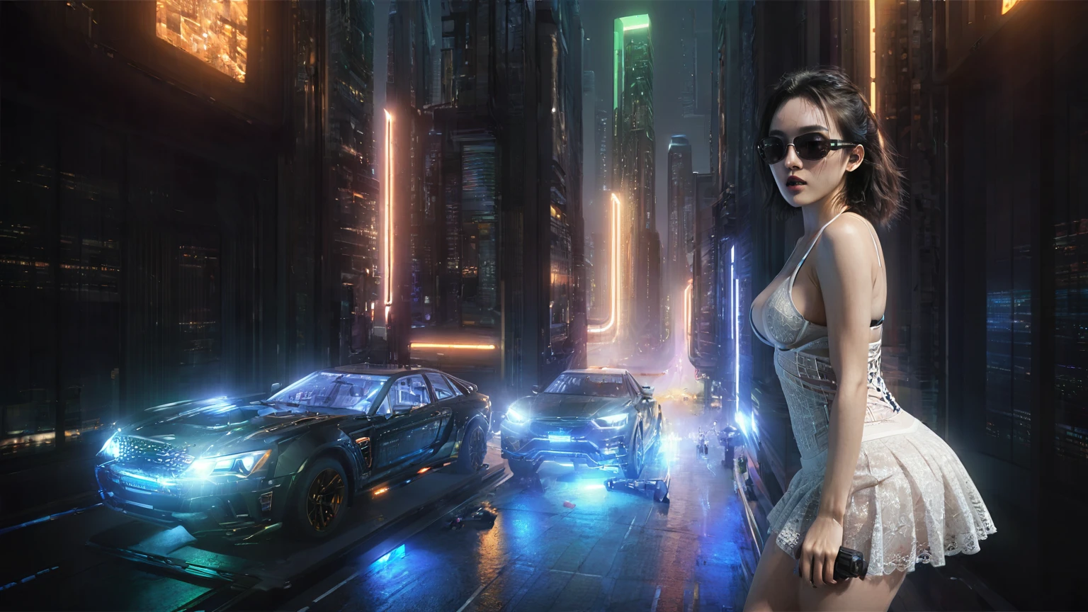 UE 5, computer render, Rendered by Octane, (8K, tmasterpiece), (realistically, Photo degree:1) luminescent concept art, (((((aerial view))))) of Cyberpunk city scene, ((Surreal architecture)), (((((cars flying, 1 drone))))). Matrix style, (((((Matrix cascading code))))), (((((a futuristic twin tower skyscraper with a unique twisted design))))), (((((OLED GUI interfaces in the building))))), at night, (((((1girl, solo))))), photo realistic, (((large-breast:1.2 slim body, cleavage))), (((off broken mini sling-shirt and black lace sling bra, extreamly short pleated lace miniskirt exposing panty))), (((((running pose))))), (((((((matrix style black sunglasses))))))), ((((((((((aiming with a short gun)))))))))), (((((looking at camera))))), (((very low view))), (((((half-body thigh level medium shot))))), (((cinematic lighting))).