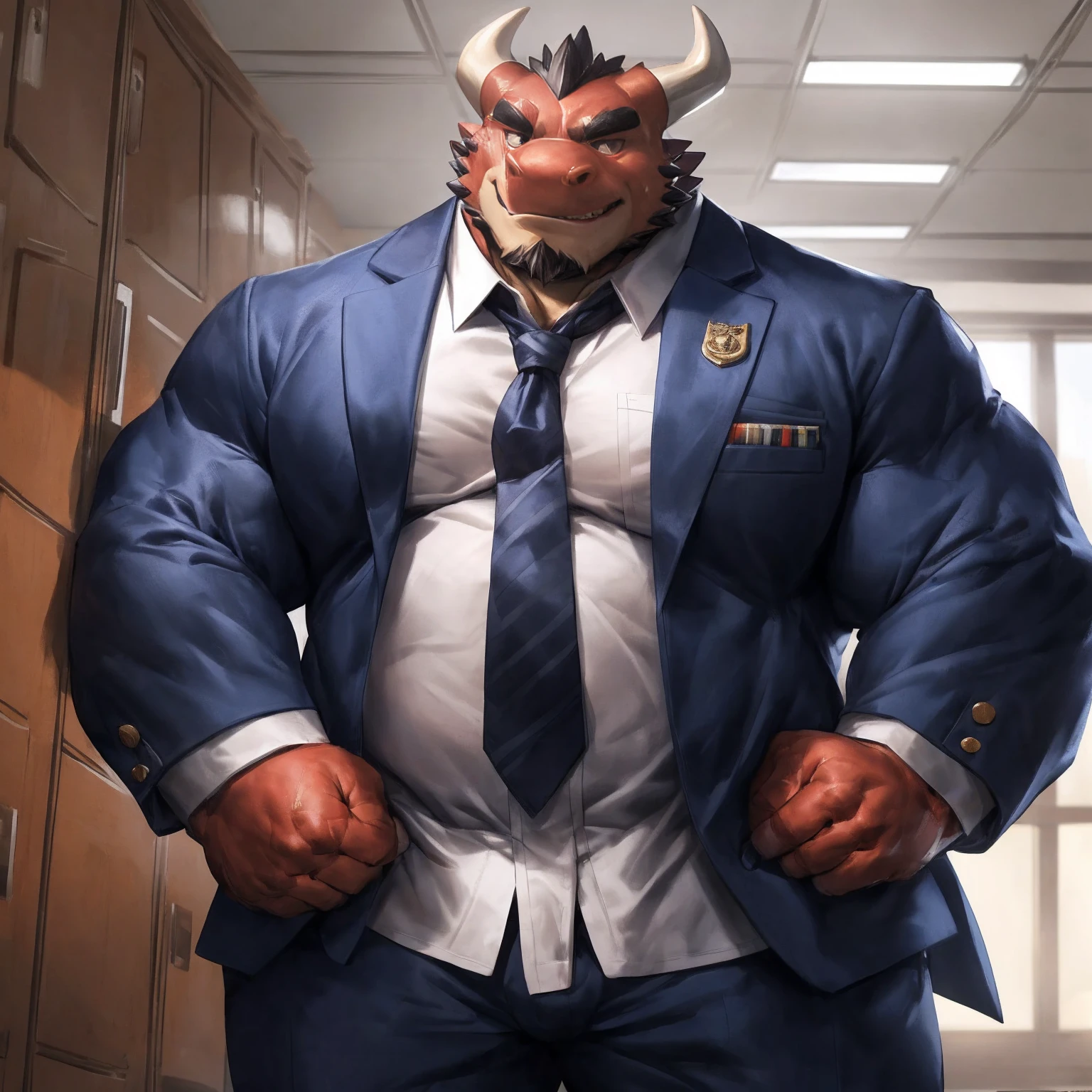 human nature,  male, solitary,Full body picture， ((the strong，Handsome)), (dragon) fur, ), (School Background)，Japanese schoolgirl,Navy blue blazer,school shirt,Long sleeve,Navy Check Trousers，Sweat:1.3,White Socks，high quality, (4k,high quality, high resolution, masterpiece), Front view (close up), cartoon,by lindong