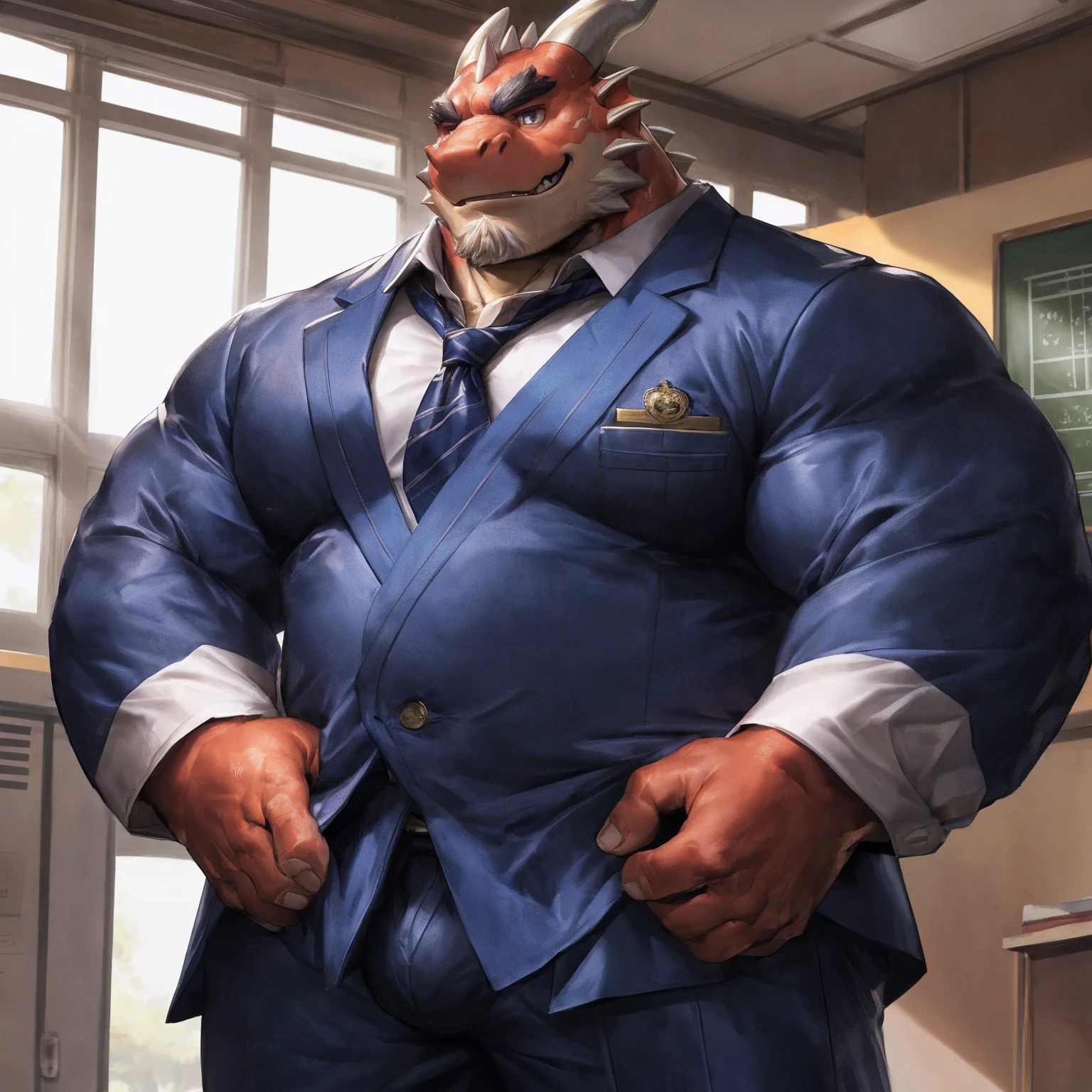 human nature,  male, solitary,Full body picture， ((the strong，Handsome)), (dragon) fur, ), (School Background)，Japanese schoolgirl,Navy blue blazer,school shirt,Long sleeve,Navy Check Trousers，Sweat:1.3,White Socks，high quality, (4k,high quality, high resolution, masterpiece), Front view (close up), cartoon,by lindong