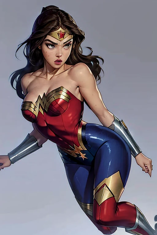 PhotoRealistic Art Style Best Qualit:1.3, Natural Beauty, Masterpiece, Full Body View Visible, Hailee Steinfeld, Perfectly Accurate Face Proportion,Realistic Light Hazel Brown Eyes, Thick Eyebrows, Brown hair, slim toned Thighs, tight ass, perky round breast , slim athletic body type, perfect body type, wonder woman, Regal Posture with Focus on Buttocks: Standing elegantly with one foot slightly in front of the other, the tight suit clings to Wonder Woman’s body, highlighting the curves of her hips and the shape of her buttocks. The suit's fit emphasizes her graceful yet powerful form, with the smooth lines accentuating her posture.