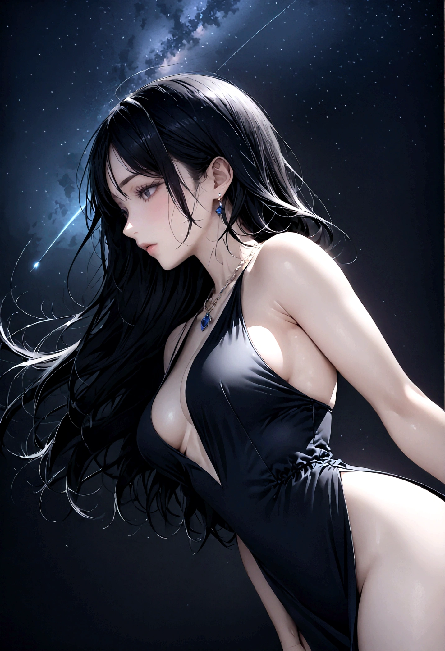8k, masterpiece, RAW Photos, highest quality, Realistic, Very detailed, Depth of written boundary, Cinematic Light, Anatomically correct body,
An elegant beautiful mature woman, Very beautiful face, Exquisitely detailed face, (Goddess-like deity々Beautiful:1.4), Very sensitive skin, Transparent muscle, Shiny white skin, Glamorous Body,
(Wavy black long hair:1.2), Sexy Breasts, Sexy ass,
(A slit dress fluttering in the wind:1.4), (Detailed cloth texture:1.2), (Gorgeous necklace:1.1), (Gorgeous earrings:1.1),
(Dark starry background:1.4), (Milky Way:1.1), (milky way:1.1), (shooting star:1.1), (Dark coastline at night:1.4), (Pitch black sea surface:1.4),
(Low angle shot:1.8),