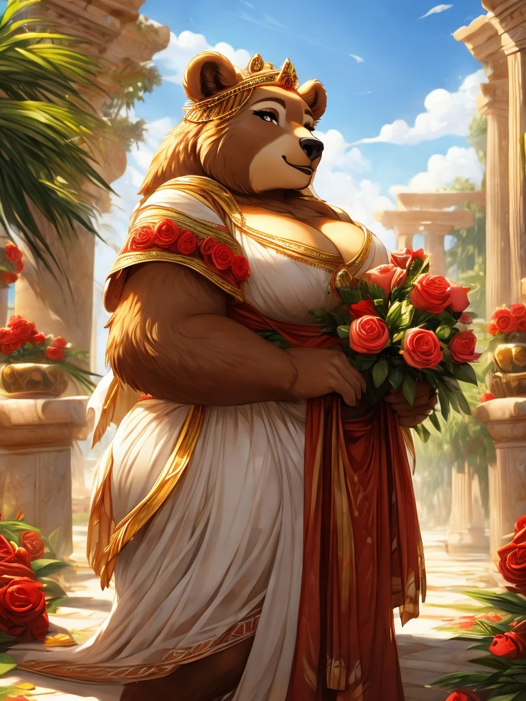 female, brown bear, goddess, fat, chubby, large breasts, cleavage, wide hips, huge hips, skimpy white toga, wedding veil, roman garden, blue sky, fluffy clouds, roses, golden glow, rose petals, seductive expression, high quality eyes, high resolution, visually stunning, detailed hands, golden laurel crown, presenting a large stone with a hole, boulder with hole