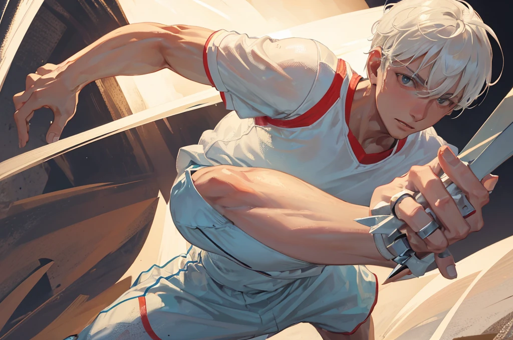 man in action pose with short white hair, has white sportswear, ((in his hands he has daggers)), close up