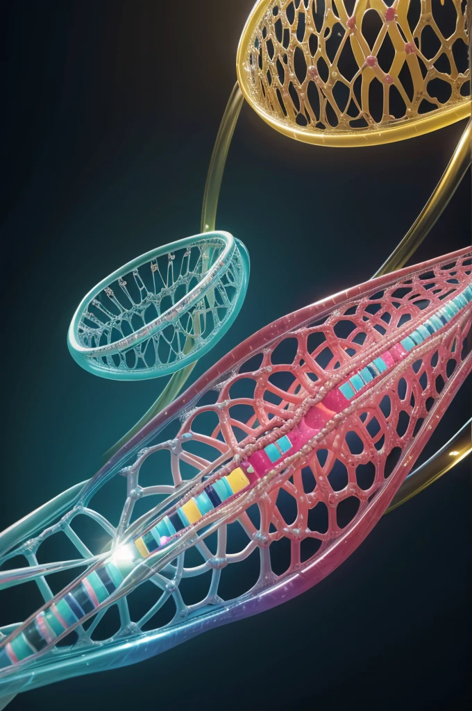 Create an image that illustrates how DNA stores all of the cell's genetic information. The image must show a cell with its nucleus visible. Inside the core, represent the double helix of DNA with its two intertwined nucleotide chains. Mostre as bases nitrogenadas (adenina, timina, citosina e guanina) linked by hydrogen bonds. Utilize cores distintas para cada base (adenina - roxo vibrante (#7E57C2), timina - azul, citosina - verde, guanina - amarelo), cinza claro (#D3D3D3) for the propeller skeleton, e um fundo escuro (#2D2D2D) para contraste. Include labels that explain that the DNA in the nucleus stores all of the genetic information needed for the cell to develop and function. Add graphics, as a diagram that highlights the genetic information being transcribed from DNA to RNA, and small proteins being synthesized, to show gene expression. Use soft lighting and realistic shadows for depth and dimension.