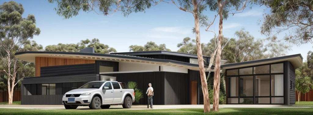 a exterior house, sunlight, modern house, timber and Colorbond cladding, masterpiece, realistic, best quality