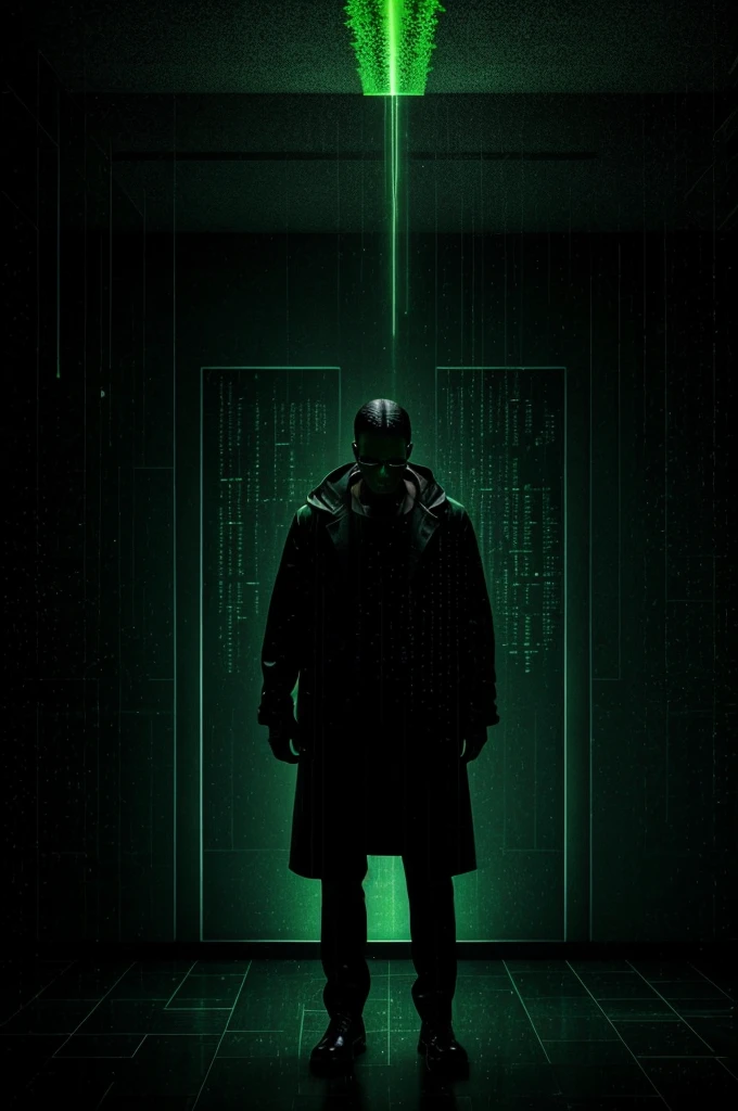 A person standing in a dimly lit room with green and black digital code raining down around them, evoking a Matrix-like atmosphere. They have a determined look on their face, ready to embark on a 21-day challenge.