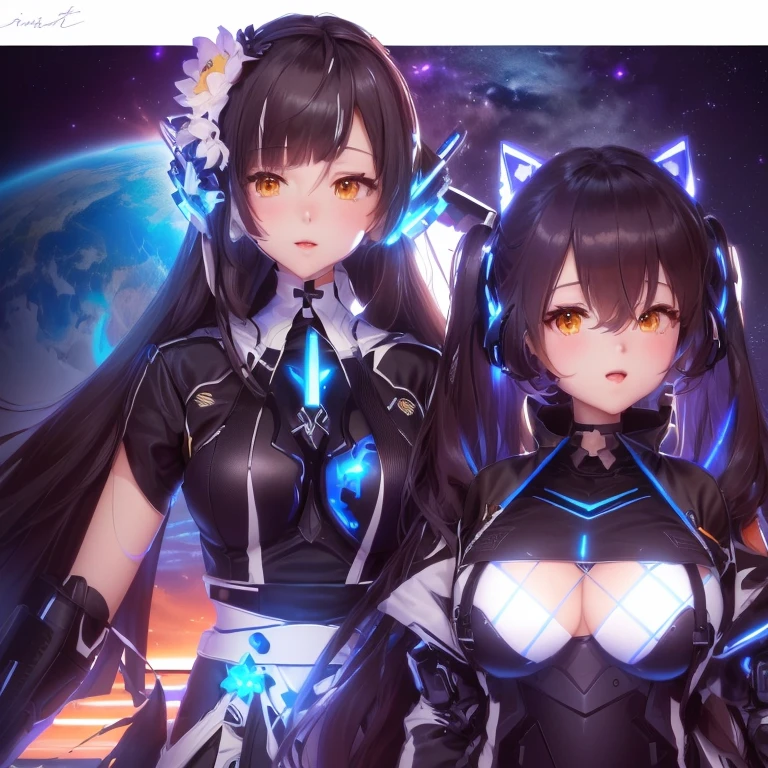 anime characters in a scene with a planet in the background, girls frontline universe, from arknights, from the azur lane videogame, characters from azur lane, arknights, from girls frontline, girls frontline cg, perfect android girl family, girls frontline style, fine details. girls frontline, visual novel cg, girls frontline, azur lane style