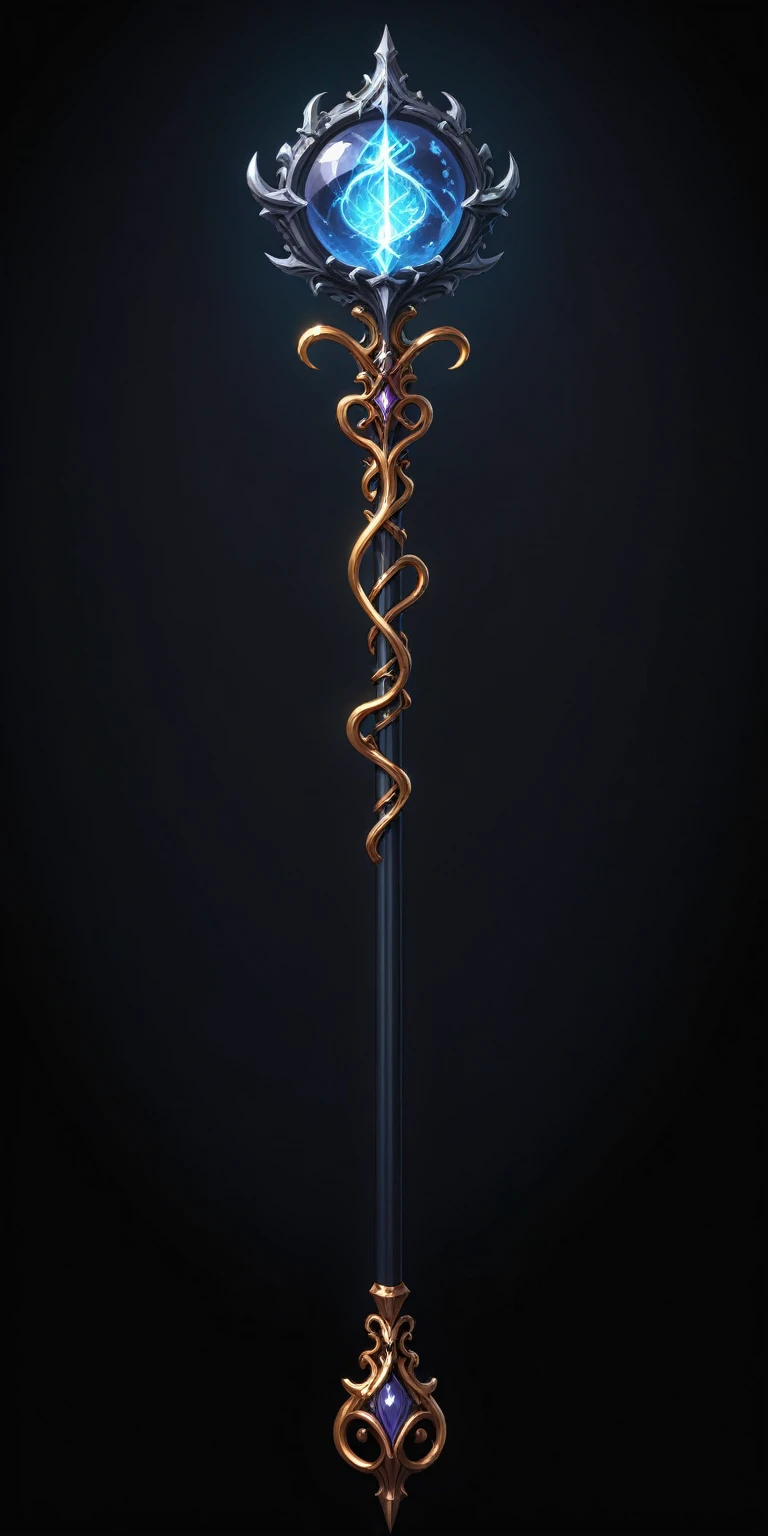 pixel art, cartoon illustration, Divine glavie greatstaff, Powerfull Magical theme, simple black background, RPG game icon 