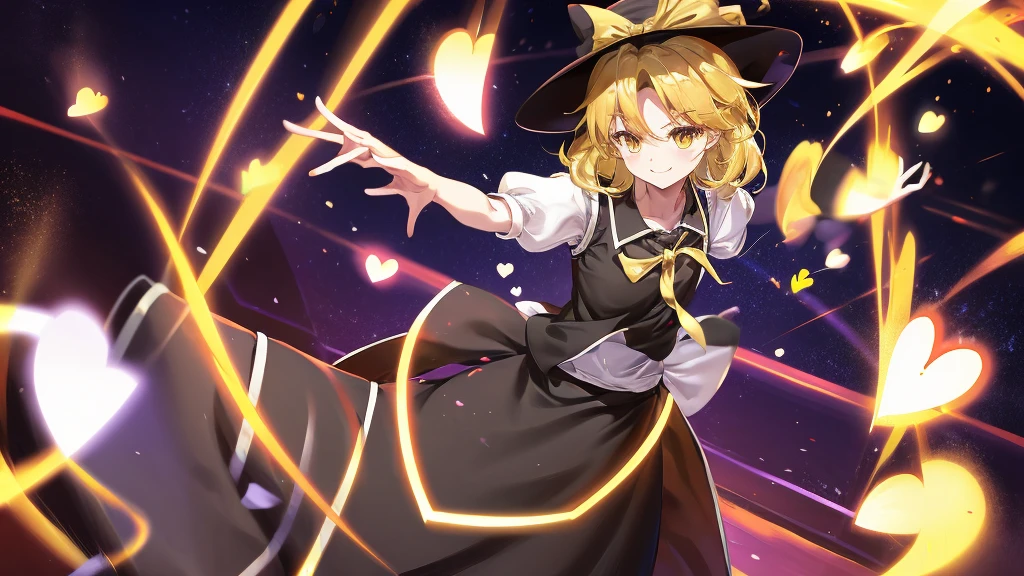 1girl, , , masterpiece, best quality, 10 years old, medium blonde hair, forehead visible bags, yellow eyes, hat, heart, black headwear, puffy short sleeves, log black skirt, heart hads,,1girl, solo, yellow eyes, yellow hair, bow, hat bow, socks, black footwear, black skirt, short sleeves, yuki (touhou), black vest, white sleeves, frill skirt, light smile