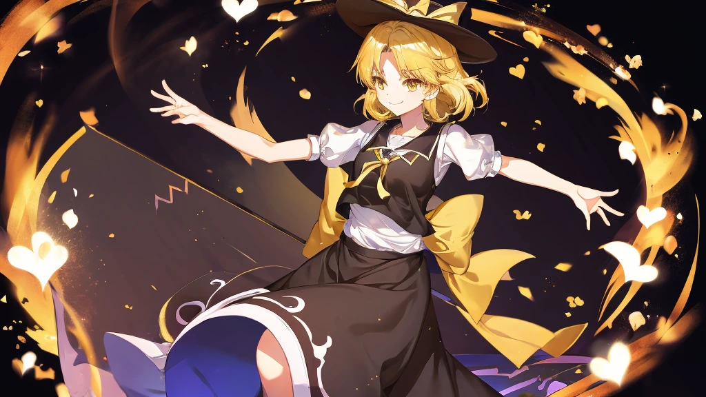 1girl, , , masterpiece, best quality, , medium blonde hair, forehead visible bags, yellow eyes, hat, heart, black headwear, puffy short sleeves, log black skirt, heart hads,,1girl, solo, yellow eyes, yellow hair, bow, hat bow, socks, black footwear, black skirt, short sleeves, yuki (touhou), black vest, white sleeves, frill skirt, light smile