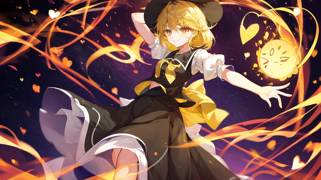 1girl, , , masterpiece, best quality, , medium blonde hair, forehead visible bags, yellow eyes, hat, heart, black headwear, puffy short sleeves, log black skirt, heart hads,,1girl, solo, yellow eyes, yellow hair, bow, hat bow, socks, black footwear, black skirt, short sleeves, yuki (touhou), black vest, white sleeves, frill skirt, light smile