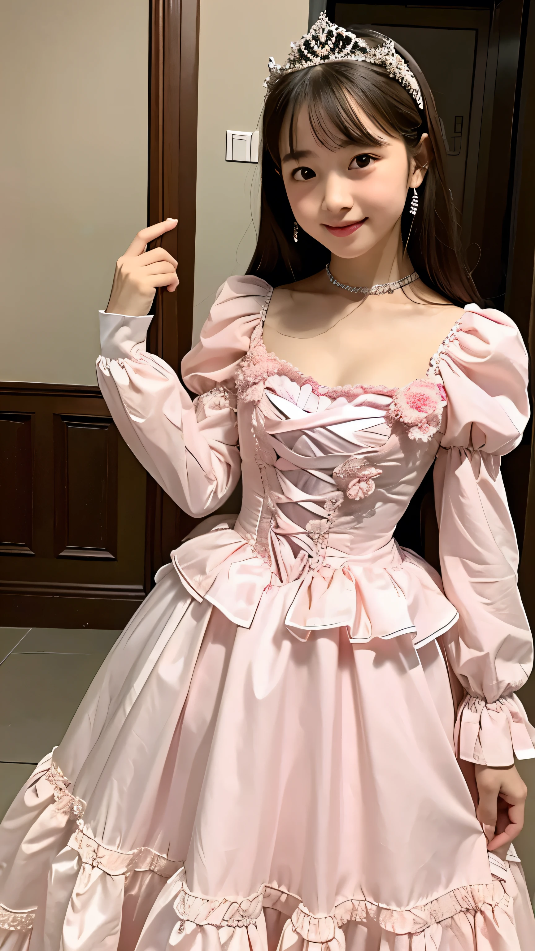 highest quality, masterpiece, highest resolution, artwork, super それにget used to it, many get used to it, get used to it, それにget used to it,, girl,cute girls,(()),((All girls)),girls are princesses,everyone wears a tiara on their head,((all have volume,She is wearing a pink Victorian ball gown dress with a midium-length hoop skirt)),the dress is round and bulging,(Long sleeves with ruffles),((A midium dress that almost touches the floor)),