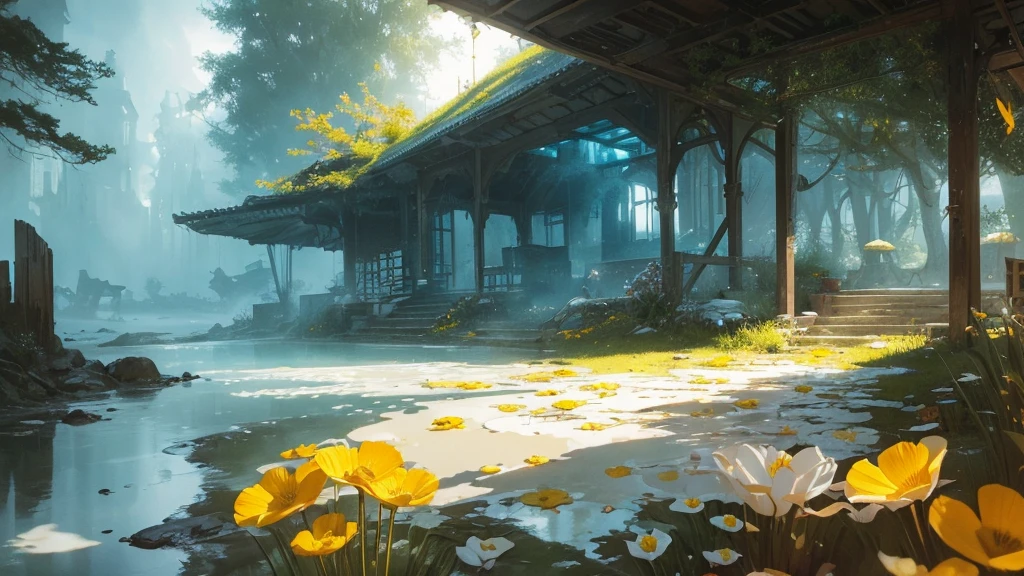 32k, Masterpiece, highest quality, One girl, Detailed eyes, flower,Sandersonia, Yellow and white style,A dreamy, romantic piece,Pale orange, Mysterious Leaves,A playful arrangement,Fantasy,High Contrast,Ink strokes,explosion,Exposure, Impression of yellow and white tones,Abstract,((Watercolours by John Berkey and Jeremy Mann )) Brush strokes,Negative Space, Tyndall effect,