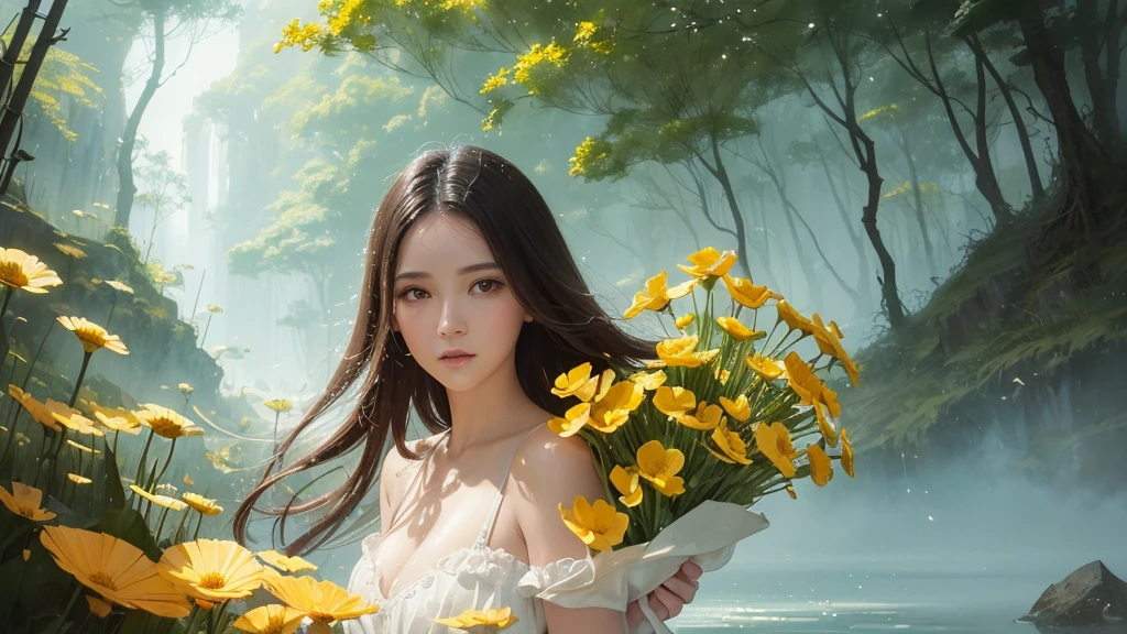 32k, Masterpiece, highest quality, One girl, Detailed eyes, flower,Sandersonia, Yellow and white style,A dreamy, romantic piece,Pale orange, Mysterious Leaves,A playful arrangement,Fantasy,High Contrast,Ink strokes,explosion,Exposure, Impression of yellow and white tones,Abstract,((Watercolours by John Berkey and Jeremy Mann )) Brush strokes,Negative Space, Tyndall effect,