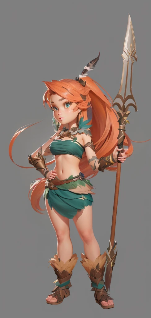 Close-up shot of cartoon girl in feather costume,,Happy forest hunter lady holding primitive weapon spear, Exquisite facial features,Big-eyed, long-haired lady looking straight at the audience, realistic character concept, Whole body concept, April Rendering, detailed Whole body concept, Female characters, Ultra-detailed fantasy characters, detailed Whole body concept art, Full body portrait, tribal girl, Character posing in concept art, unrealistic character concept, Full body portrait, 3D Game Style