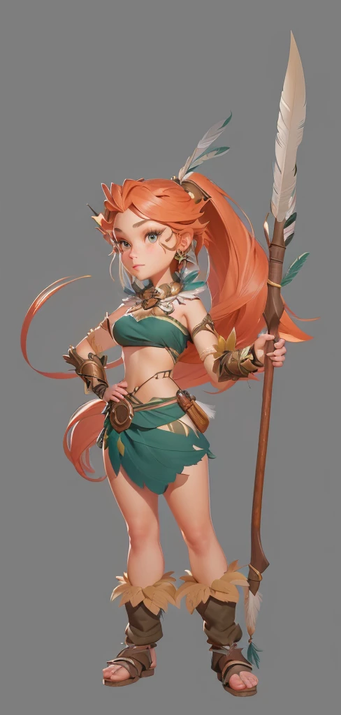 Close-up shot of cartoon girl in feather costume,，Happy forest hunter lady holding primitive weapon spear, Exquisite facial features，Big-eyed, long-haired lady looking straight at the audience， realistic character concept, Whole body concept, April Rendering, detailed Whole body concept, Female characters, Ultra-detailed fantasy characters, detailed Whole body concept art, Full body portrait, tribal girl, Character posing in concept art, unrealistic character concept, Full body portrait, 3D Game Style