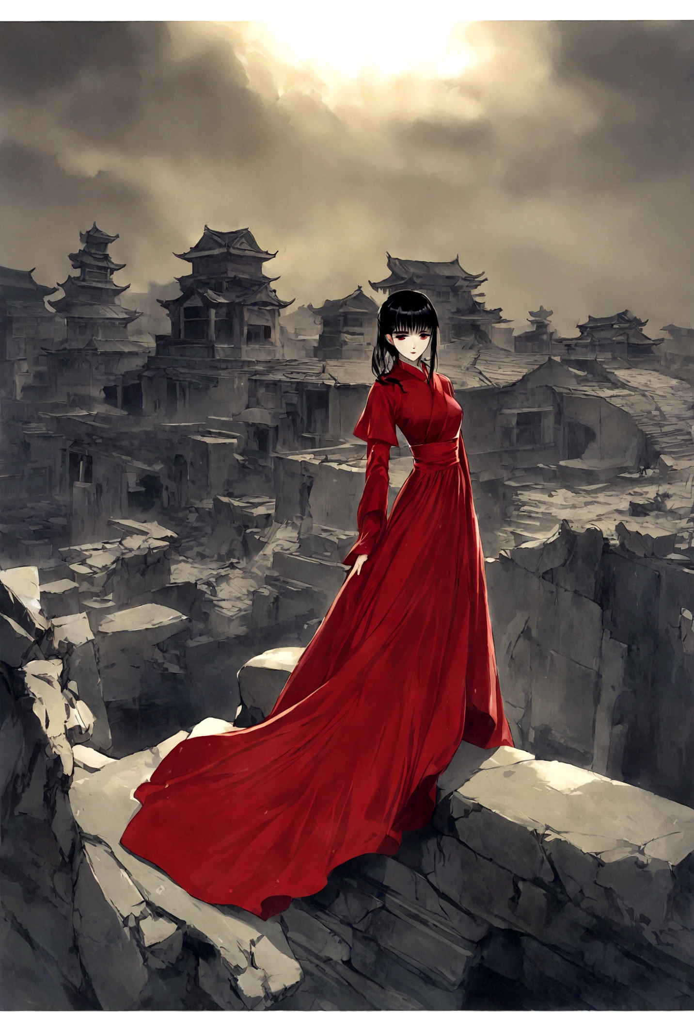 Beautiful girl in red robe, Chinese underground temple, Complex and detailed architecture, floating in the air, weird lights, Spacious and gloomy atmosphere, (best quality,4k,8K,High resolution,masterpiece:1.2),Extremely detailed,(Practical,photoPractical,photo-Practical:1.37),Complex buildings, Gorgeous details, Dramatic Lighting, moody atmosphere, Stunning beauty, flowing red robe, Mysterious ruins, unforgettable existence