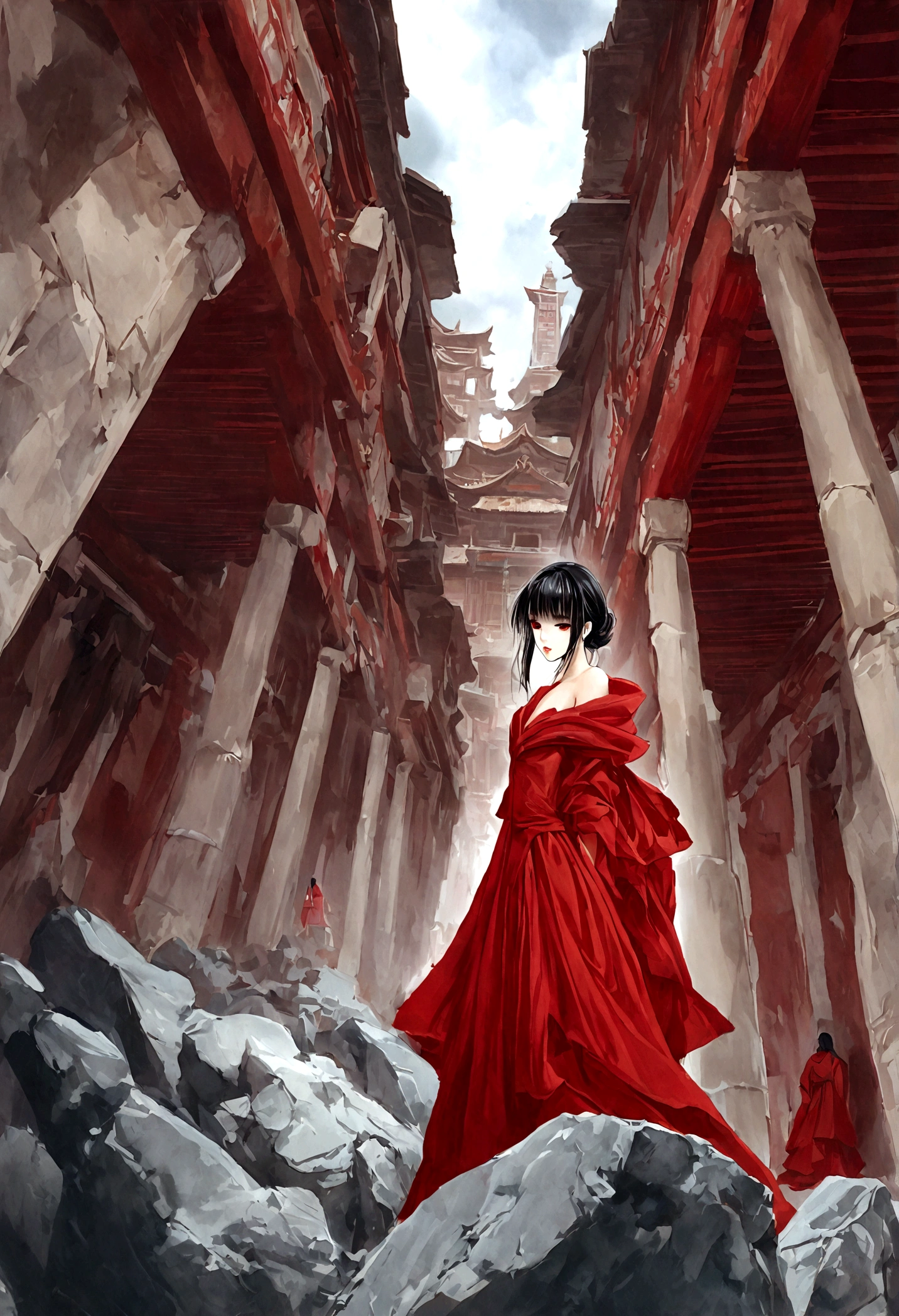 Beautiful girl in red robe, Chinese underground temple, Complex and detailed architecture, floating in the air, weird lights, Spacious and gloomy atmosphere, (best quality,4k,8K,High resolution,masterpiece:1.2),Extremely detailed,(Practical,photoPractical,photo-Practical:1.37),Complex buildings, Gorgeous details, Dramatic Lighting, moody atmosphere, Stunning beauty, flowing red robe, Mysterious ruins, unforgettable existence