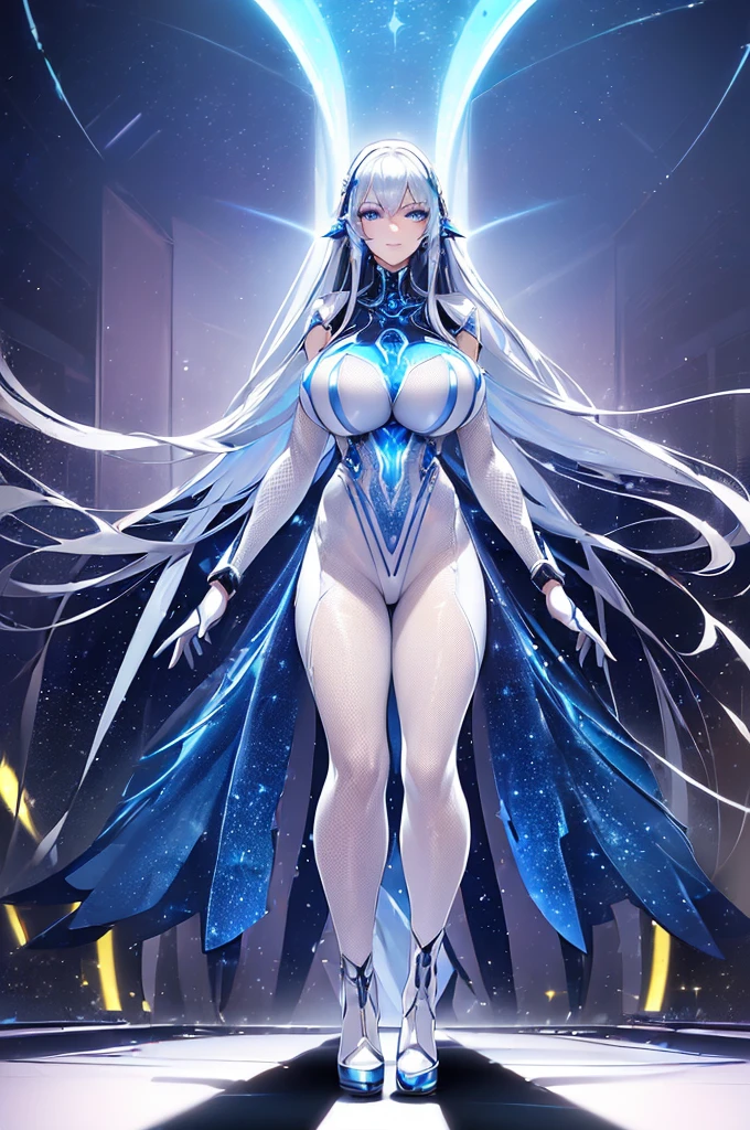 (Future World Fashion Show: 1.5),(Future sci-fi beauty model catwalk: 1.5), Smiling female model,Elegant and dignified posture,Wearing a blue dress,Blue fluorescence,Starry sky pattern,The secrets of the universe,Future distribution,Silvery white glow,Soft touch,Silver-blue eye makeup,Cosmic Starlight,virtual future runway,(Sci-fi Fashion Fashion Show: 1.5),(Huge high-tech catwalk: 1.5),(There was only one female model at the catwalk),Realistic images,8K, Ultra high quality, masterpiece, precise, Textured Skin, High Detail, best quality, Awards,((Long-range shooting,Sense of distance,Full body image))