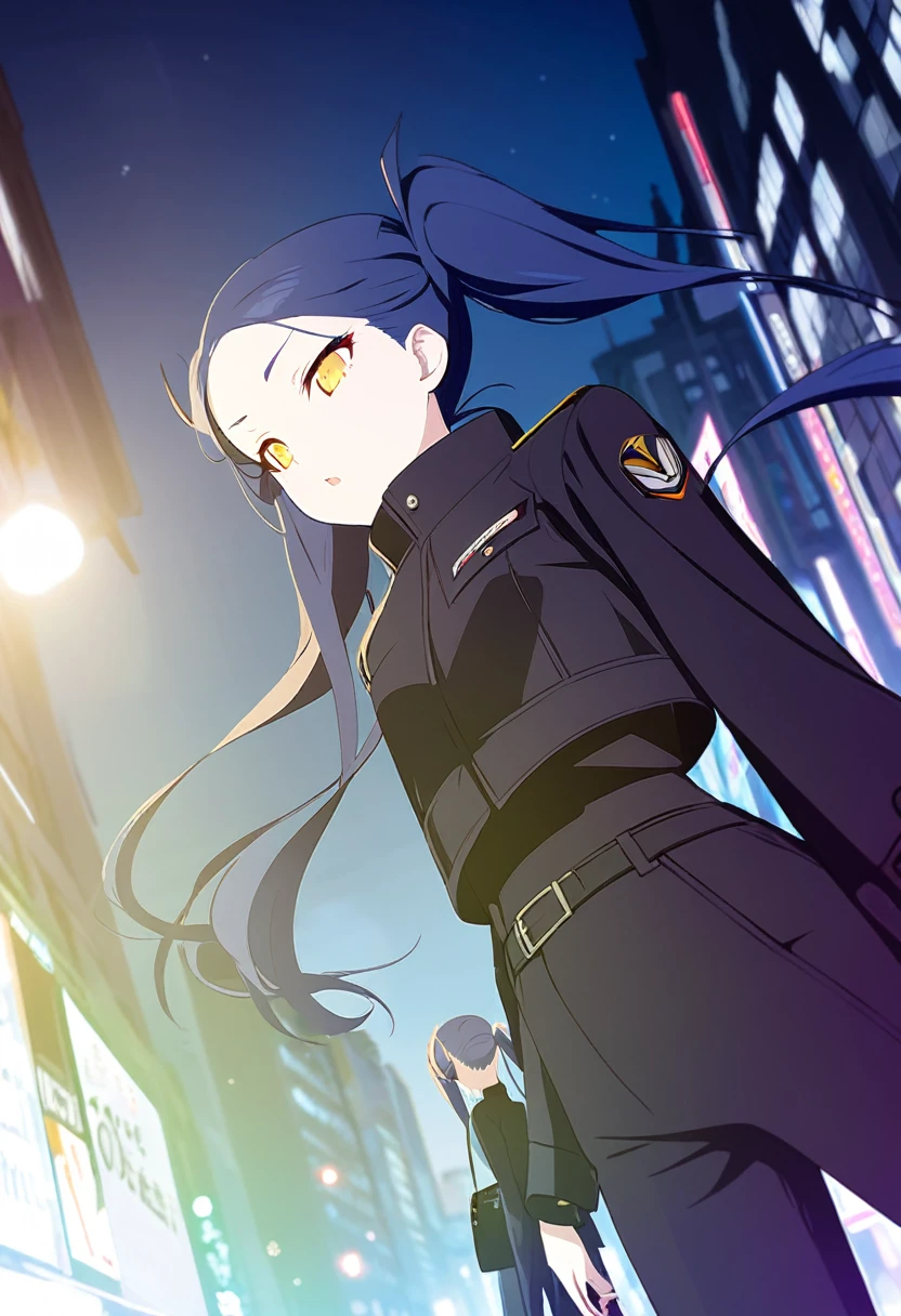 (One very tall, good looking woman,Navy Blue Hair,Her hairstyle is twin tails that expose her forehead., yellow eyes,Medium chest,Dynamic Angle Tall)Thick Black1Color ,Black trousers,Downtown Shibuya at night