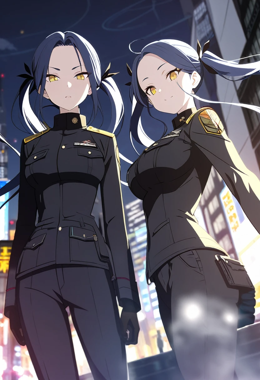 (One very tall, good looking woman,Navy Blue Hair,Her hairstyle is twin tails that expose her forehead., yellow eyes,Medium chest,Dynamic Angle Tall)Thick Black1Color ,Black trousers,Downtown Shibuya at night