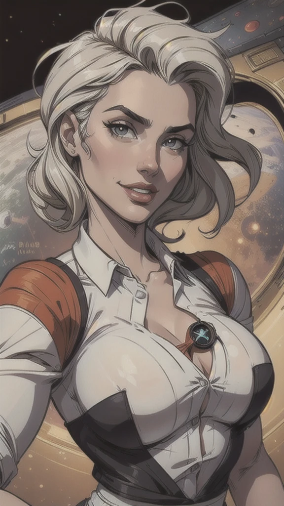 ((obra maestra, mejor calidad)), (1 chica), (solo), (enfoque femenino), (ahogo, pelo negro, cabello muy largo), ojos dorados, sonrisa clara, boca abierta, ((Camisa blanca), (camisa abotonada), (Space button)), ((falda vaquera), (falda corta)), de pie, Fondo blanco, brazos, dynamic angle