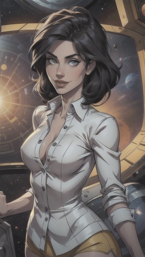 ((obra maestra, mejor calidad)), (1 chica), (solo), (enfoque femenino), (ahogo, pelo ?????, cabello muy largo), ojos dorados, sonrisa clara, boca abierta, ((Camisa blanca), (camisa abotonada), (Space button)), ((falda vaquera), (falda corta)), de pie, Fondo blanco, brazos, dynamic angle