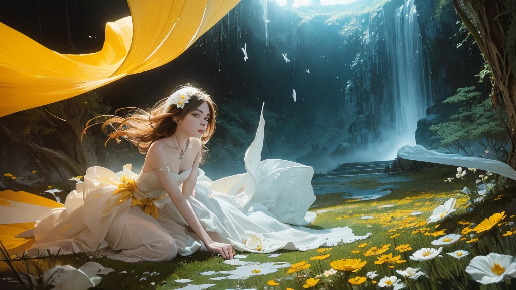 32k, Masterpiece, highest quality, One girl, Detailed eyes, flower,Sandersonia, Yellow and white style,A dreamy, romantic piece,Pale orange, Mysterious Leaves,A playful arrangement,Fantasy,High Contrast,Ink strokes,explosion,Exposure, Impression of yellow and white tones,Abstract,((Watercolours by John Berkey and Jeremy Mann )) Brush strokes,Negative Space, Tyndall effect,
