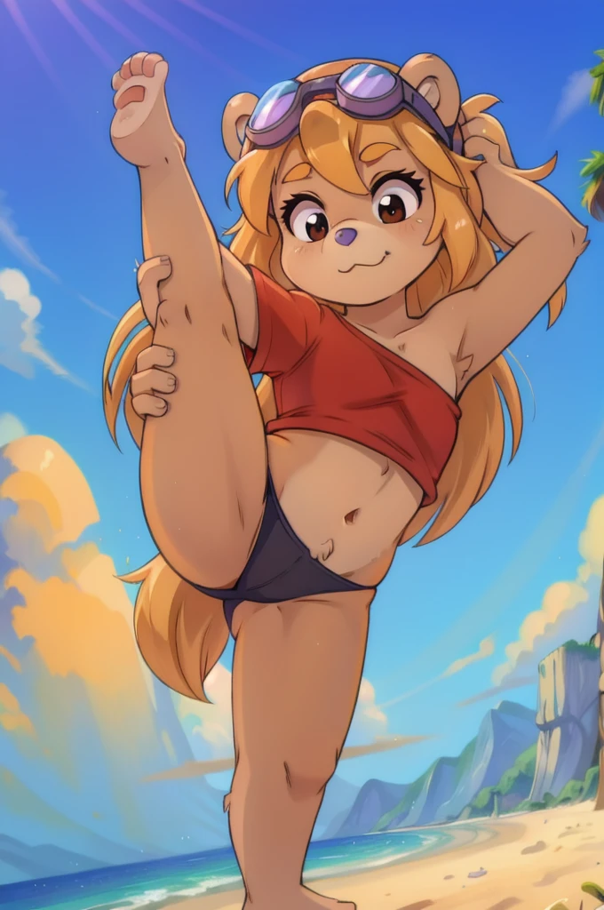 Ursa Barbic, bear, anthro, girl, brown eyes, detailed body fur, looking at you, lilac nose, brown body fur, clear brown body fur, small breasts, blonde hair, semi long hair, detailed face, detailed eyes, detailed body, perfect lighting, perfect shadows, perfect eyes, perfect hair, perfect face, gorgeous body, detailed hands, glistering body, shiny body, spectacular effect, :3, solo, ((goggles, red shirt, one shoulder, midriff, black bikini)), beach, clear sky, feet with three toes, 3 toes, pose standing one leg up,