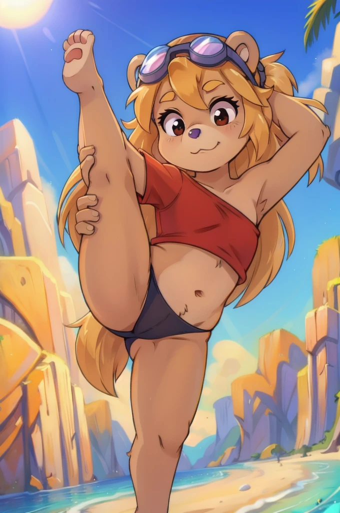 Ursa Barbic, bear, anthro, girl, brown eyes, detailed body fur, looking at you, lilac nose, brown body fur, clear brown body fur, small breasts, blonde hair, semi long hair, detailed face, detailed eyes, detailed body, perfect lighting, perfect shadows, perfect eyes, perfect hair, perfect face, gorgeous body, detailed hands, glistering body, shiny body, spectacular effect, :3, solo, ((goggles, red shirt, one shoulder, midriff, black bikini)), beach, clear sky, feet with three toes, 3 toes, pose standing one leg up,